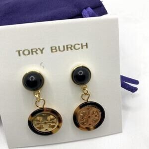 New Tory Burch Gold Tortoise Logo Dangle Earrings